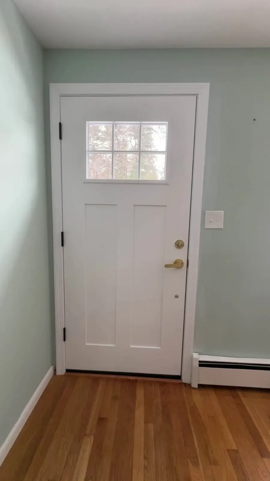 A new white entry door with a six-lite window and brass knob, set in white casing above a warm wood floor.