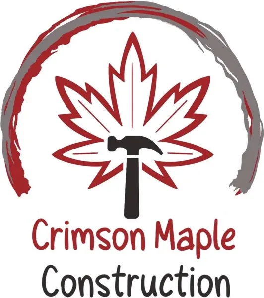 Crimson Maple Construction logo: a red maple leaf with a hammer for a stem inside a red brush-stroke circle.